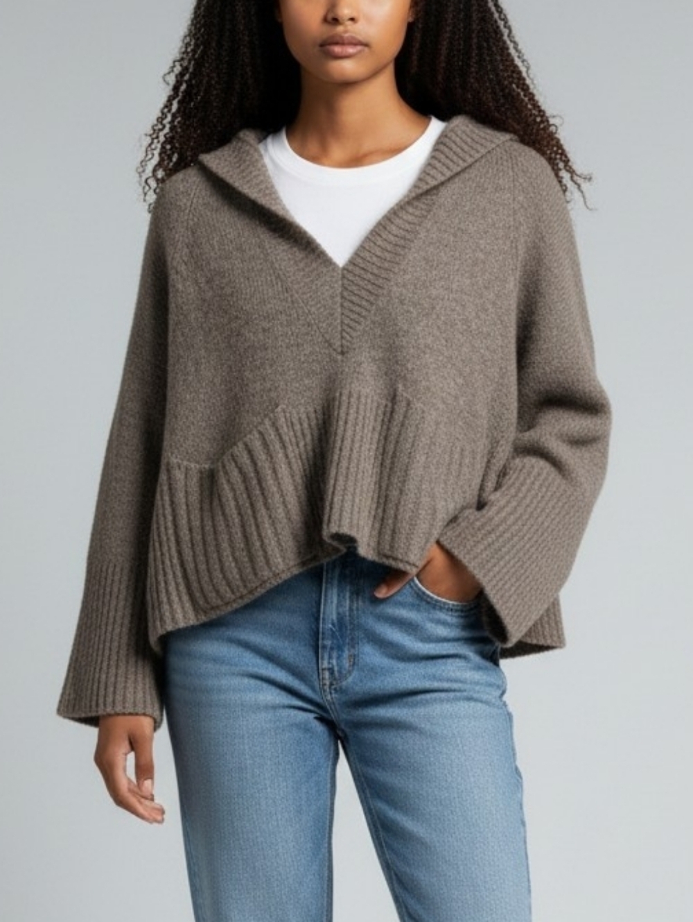 River Island Taupe V-Neck Hooded Crop Sweater